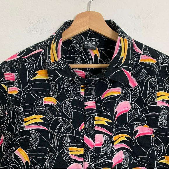 Hurley Button Up Shirt Bird Toucan Print Shirt Sleeve Mens L Colorful Collared - Picture 7 of 12